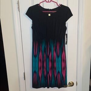 Tahari Black Dress with Pink and Teal Accents